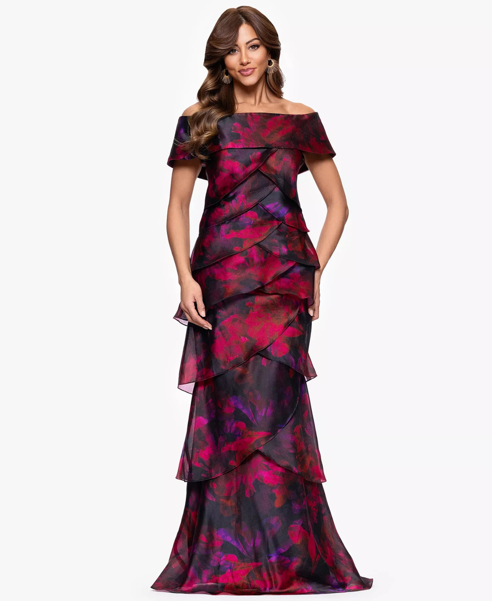 Xscape Women's Printed Long Sheath Dress - Black Berry - size 8, MSRP: 269$